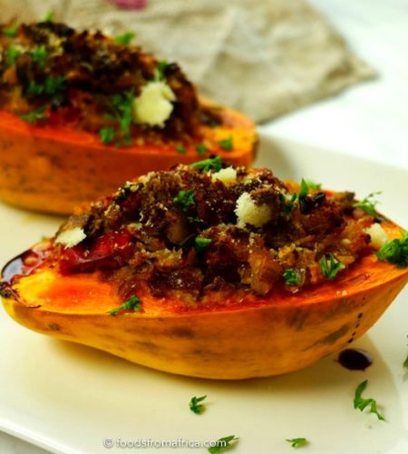 Spicy+roasted+papaya+and+fonio+boats
