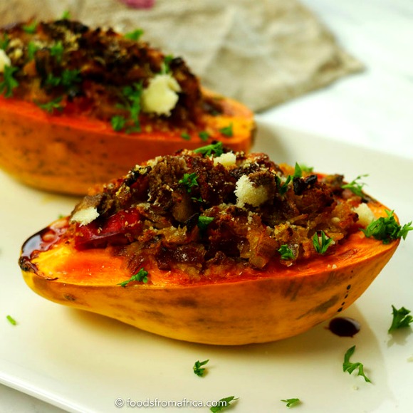 Spicy+roasted+papaya+and+fonio+boats