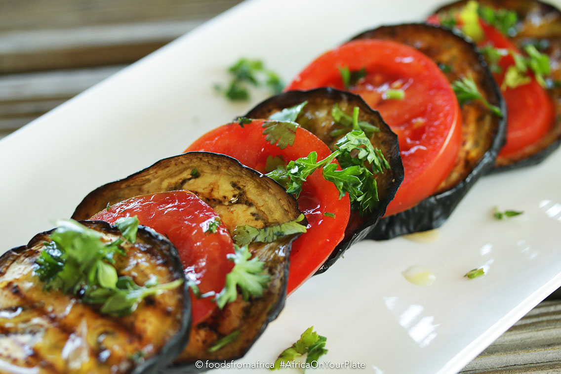 Roasted Eggplant adds a smoky flavour to the carefully combined flavours of tomato marinated in fragrant herbs and lemon juice resulting in a healthy salad that is vegan, and low in carbs and calories.