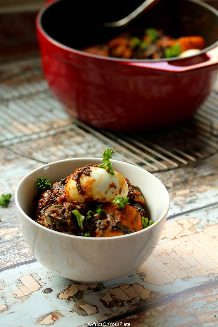 This one-pot plantain spinach stew features plantain and spinach slowly simmered in berbere-spiced palm oil sauce to create a complexly flavoured stew.