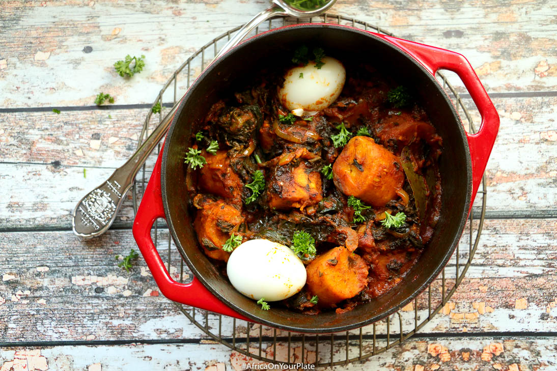This one-pot plantain spinach stew features plantain and spinach slowly simmered in berbere-spiced palm oil sauce to create a complexly flavoured stew.