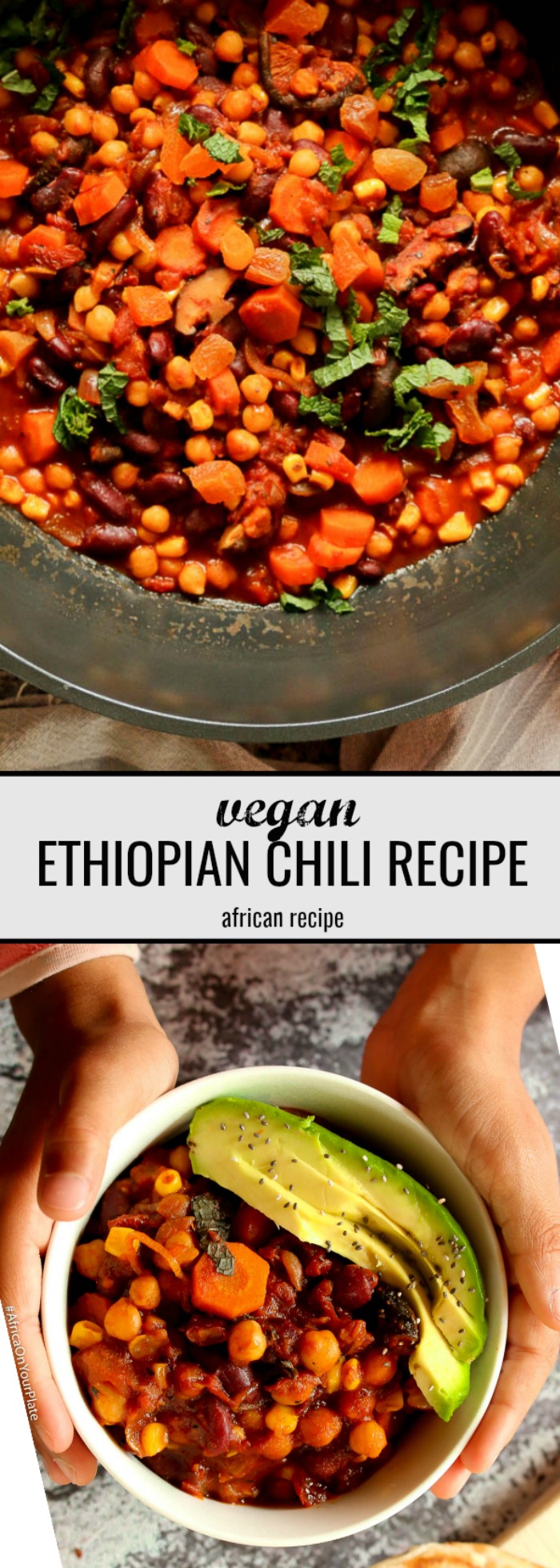 This vegan chili recipe is hearty, and filling. With a mix of chickpeas (garbanzo beans), beans, sweet corn, and Ethiopian spices, this vegan African chili is easy to make, bursting with flavours and nutrients and a secret umami ingredient.