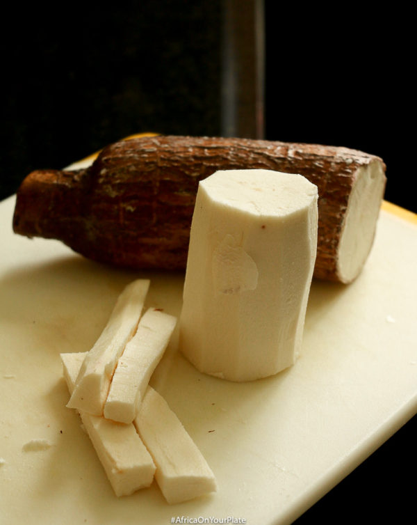 Peel the cassava root, and cut into large pieces. Then cut into french fry strips that are approximately 1/4 inches thick, taking care to remove the fibrous core that runs through the centre of cassava. 
.